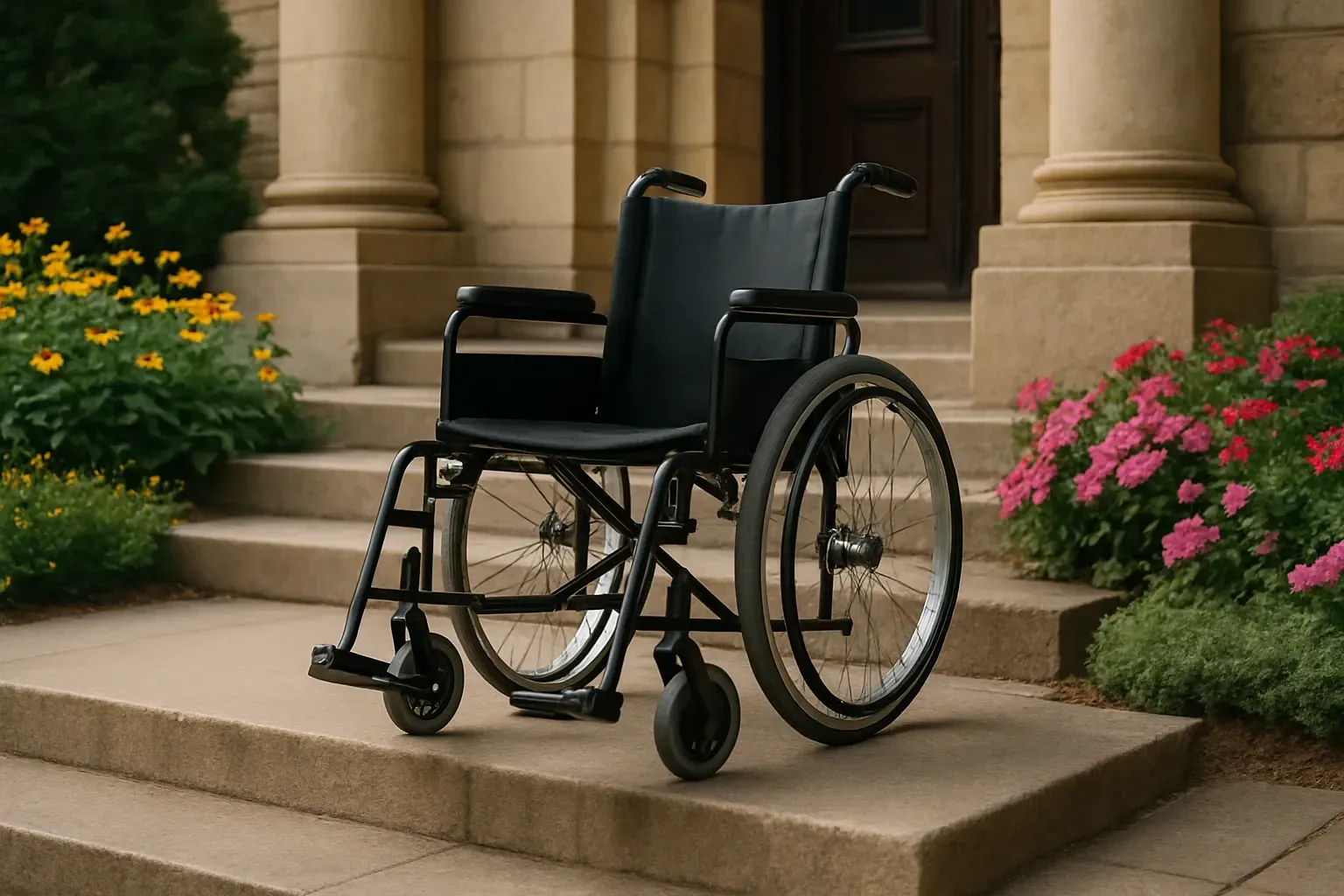 Black wheelchair on stairs