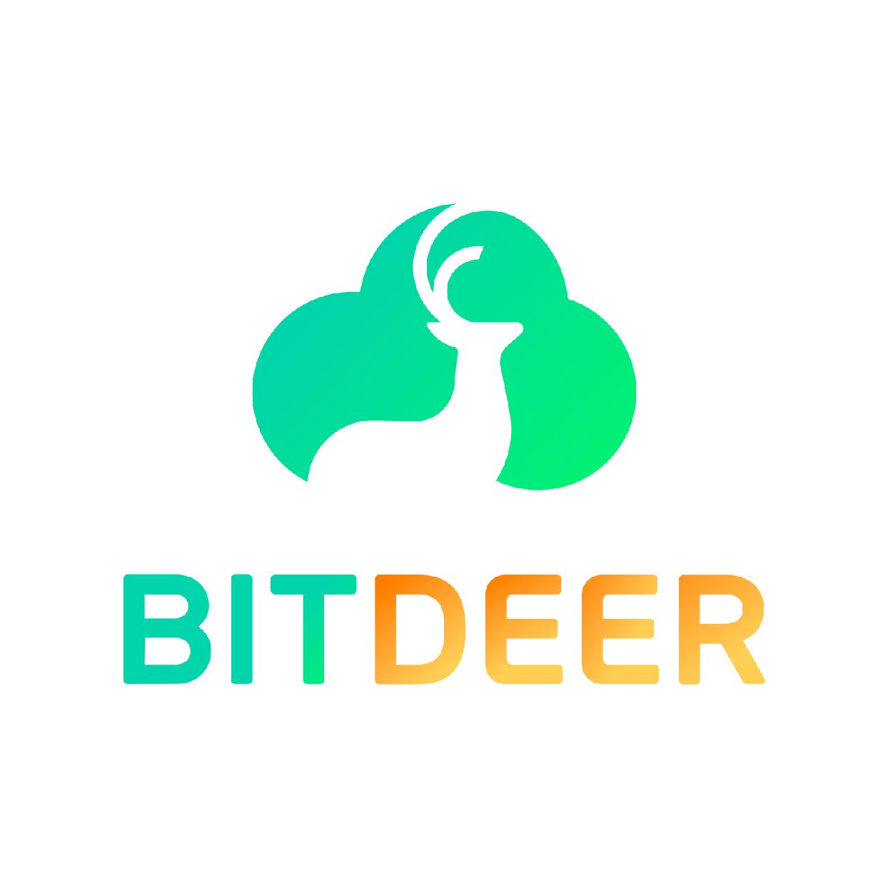 Logotipo de Bitdeer: nube verde con silueta de ciervo, texto degradado naranja-verde "BITDEER".