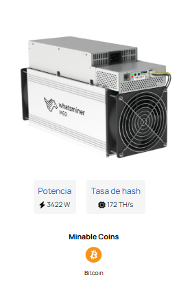Máquina de minería de Bitcoin con especificaciones: 3422W, 172 TH/s, extrae Bitcoin.