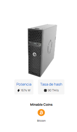 Servidor de computadora con información de potencia y tasa de hash, listado como minable para Bitcoin.