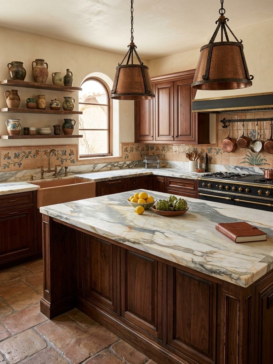 A kitchen with a large island and a stove top oven