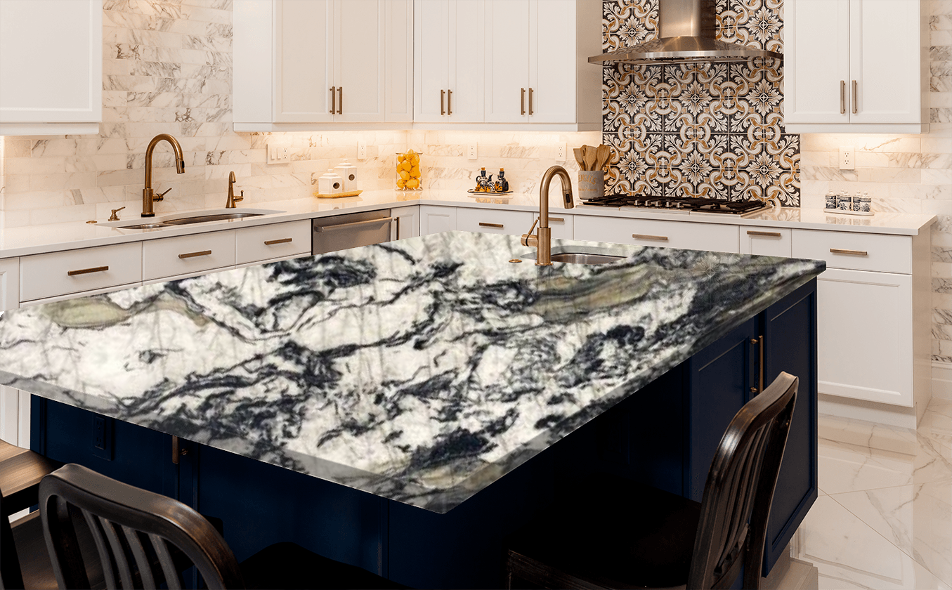 A kitchen with a large island and a marble counter top.