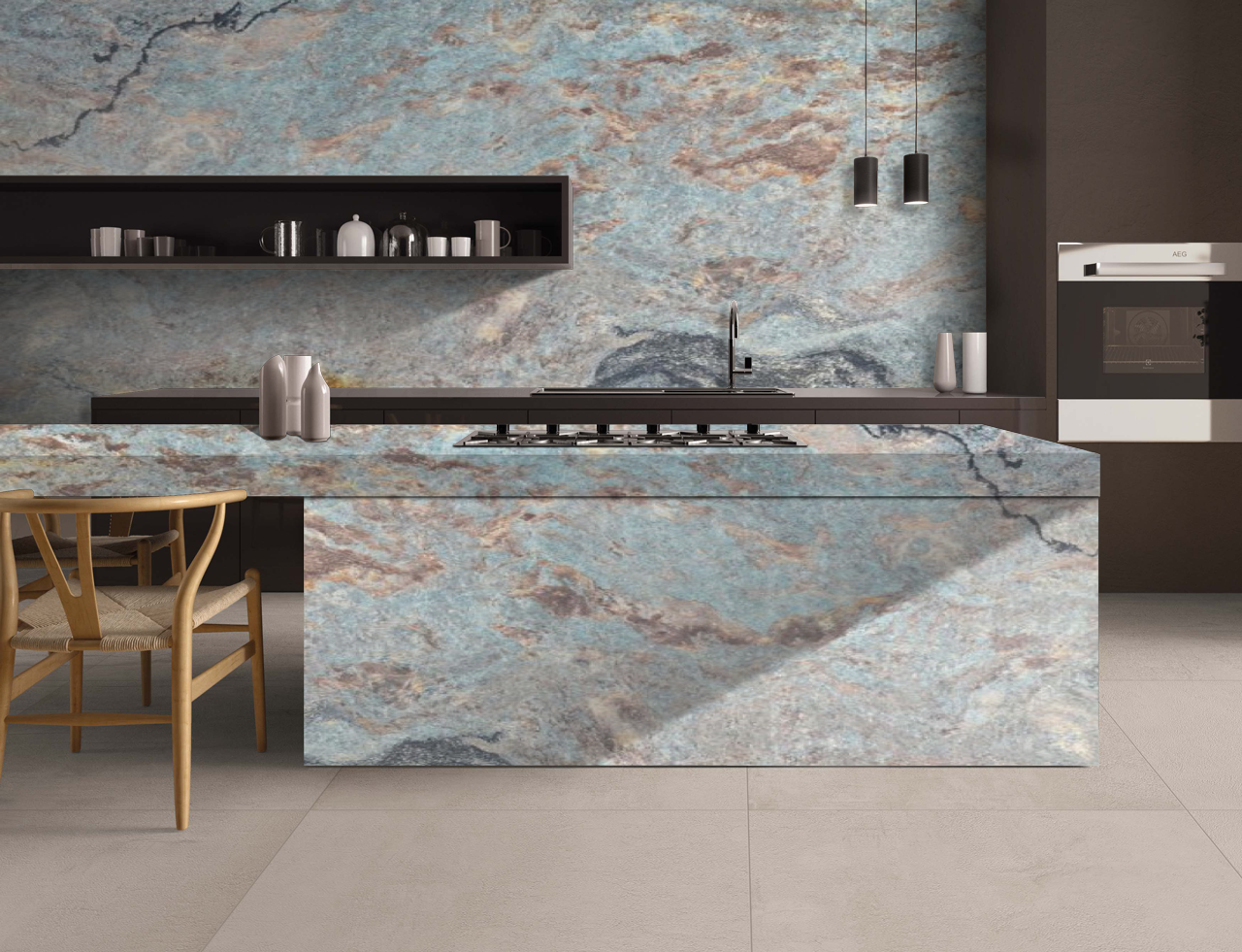A kitchen with a marble counter top and a stove top oven