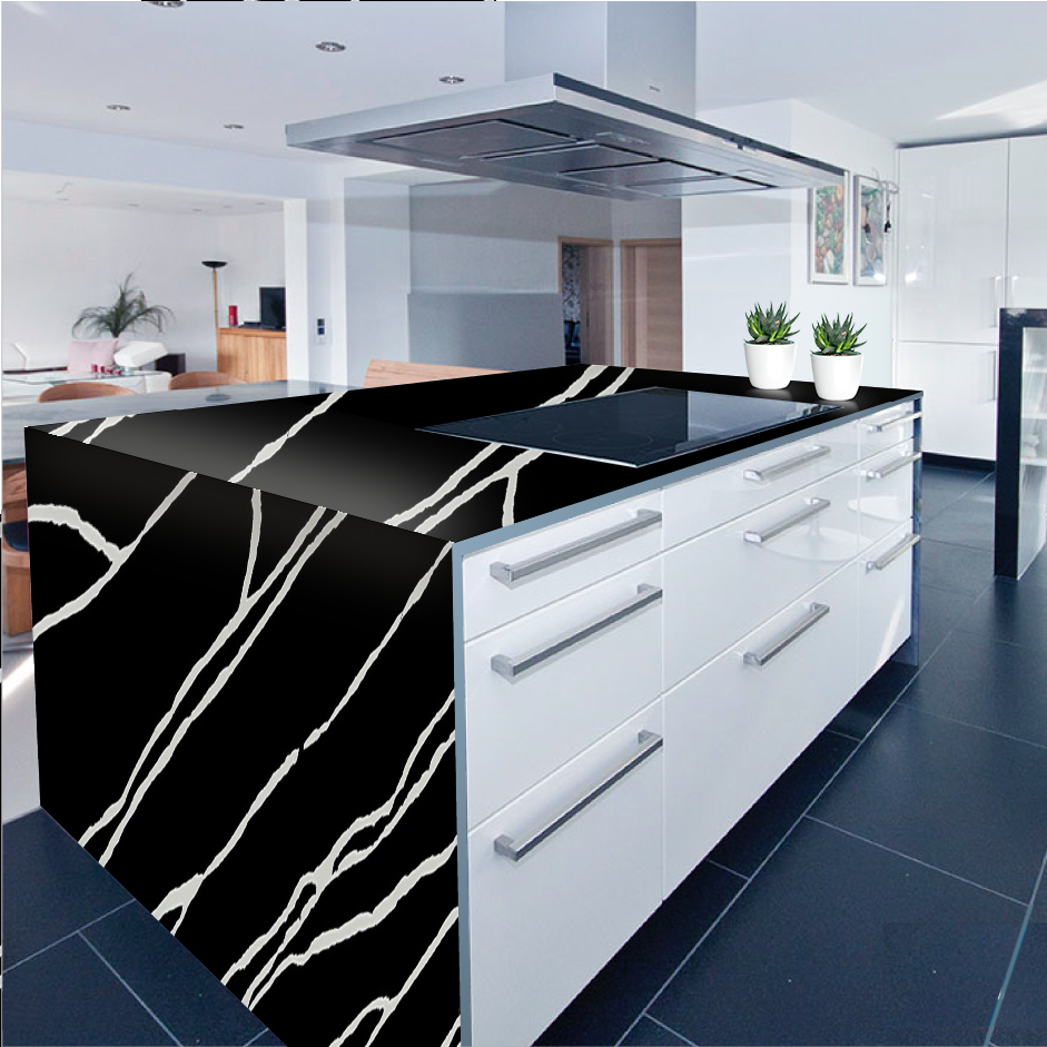 A kitchen with a black counter top and white cabinets