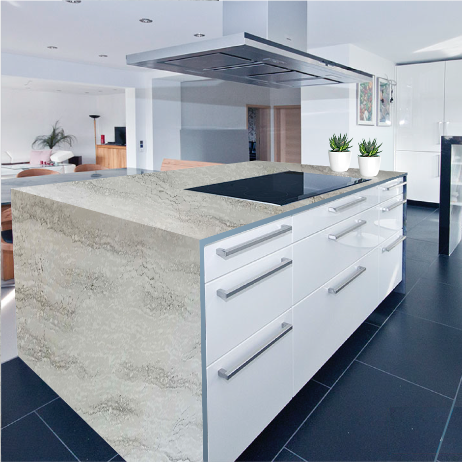 A kitchen with a large island and a stove top oven