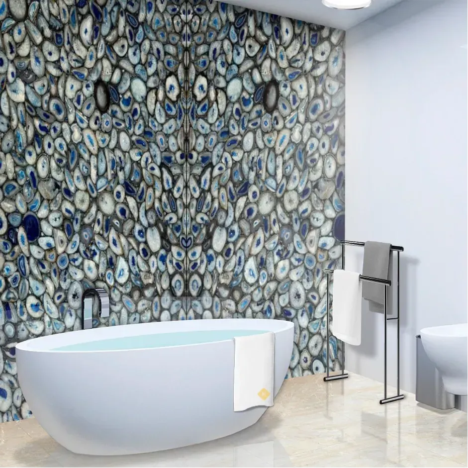 A bathroom with a bathtub and a towel rack