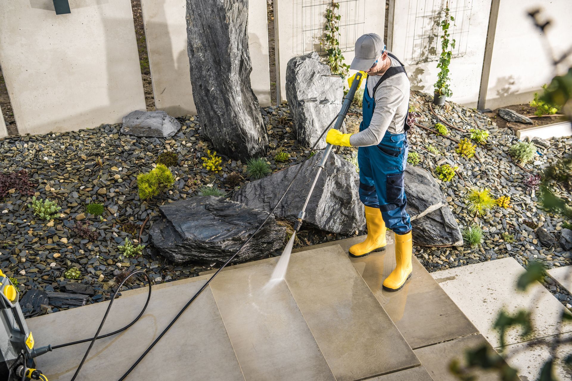 A professional power washer cleans a garden walkway - amazing finish windows, tx