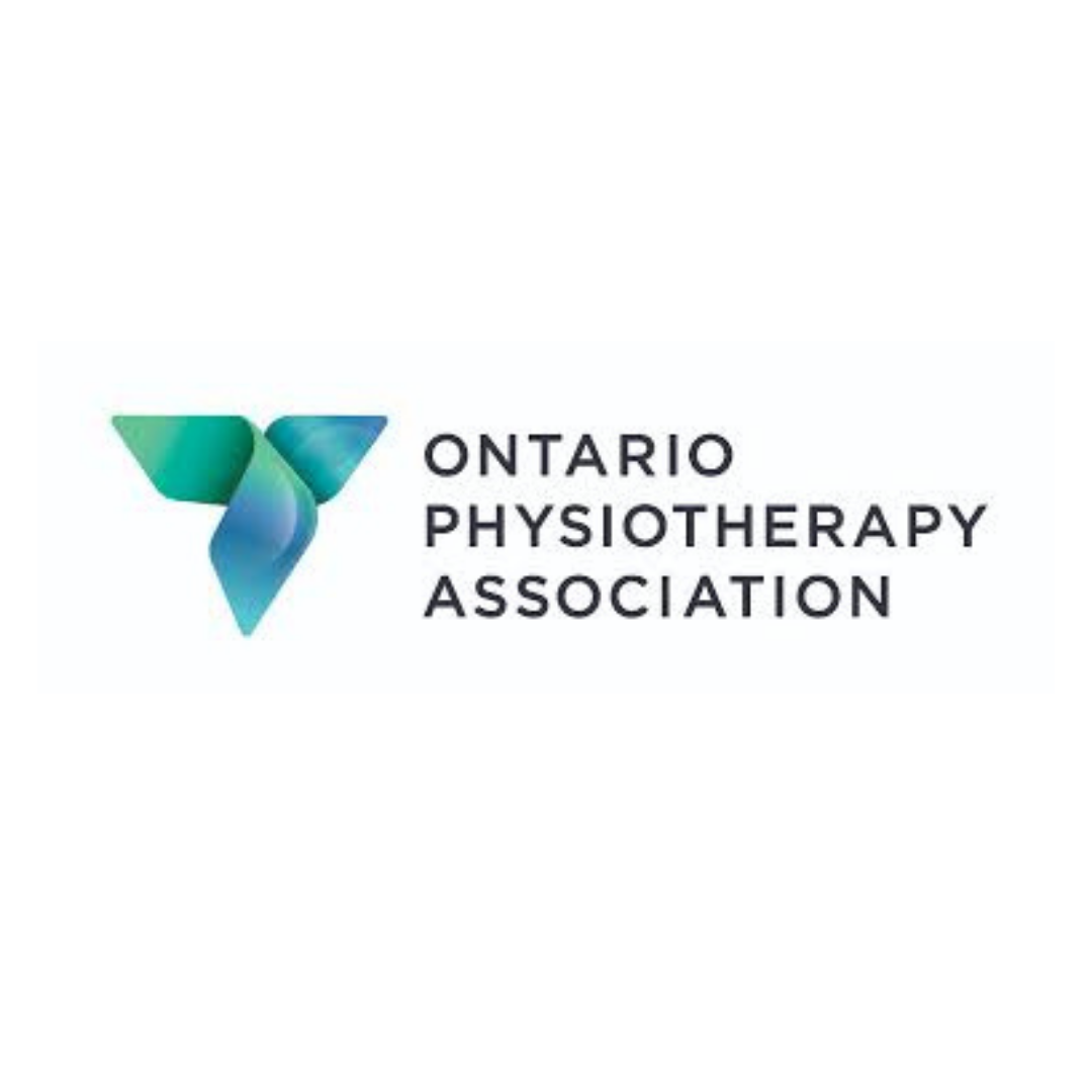 Logo of Ontario Physiotherapy Association: stylized, teal and blue V-shaped design and text.