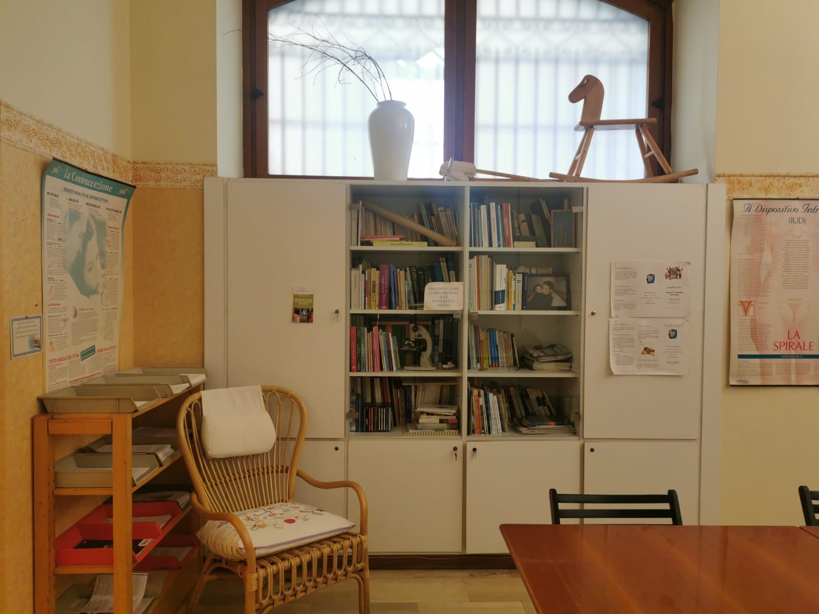 Una stanza con una libreria, una sedia di vimini e una finestra. Sopra la libreria c'è un cavallo a dondolo di legno.