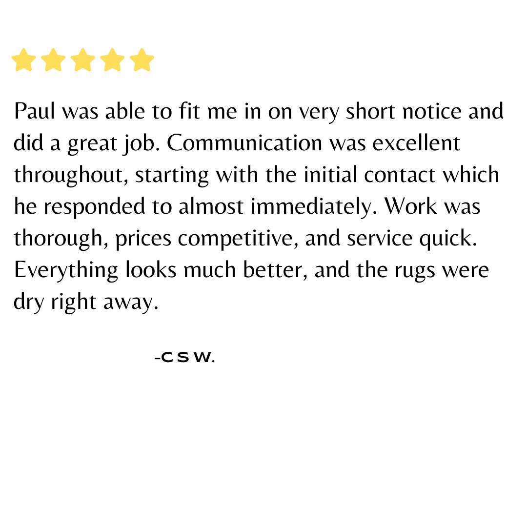 Customer review praising Paul's rug cleaning service. Includes five gold stars, positive comments, and the initials 
