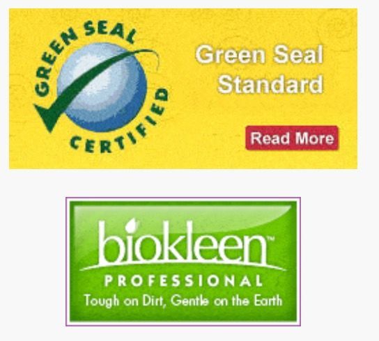 Green Seal Certified logo and a biokleen Professional logo, both green and white, promoting eco-friendly cleaning products.