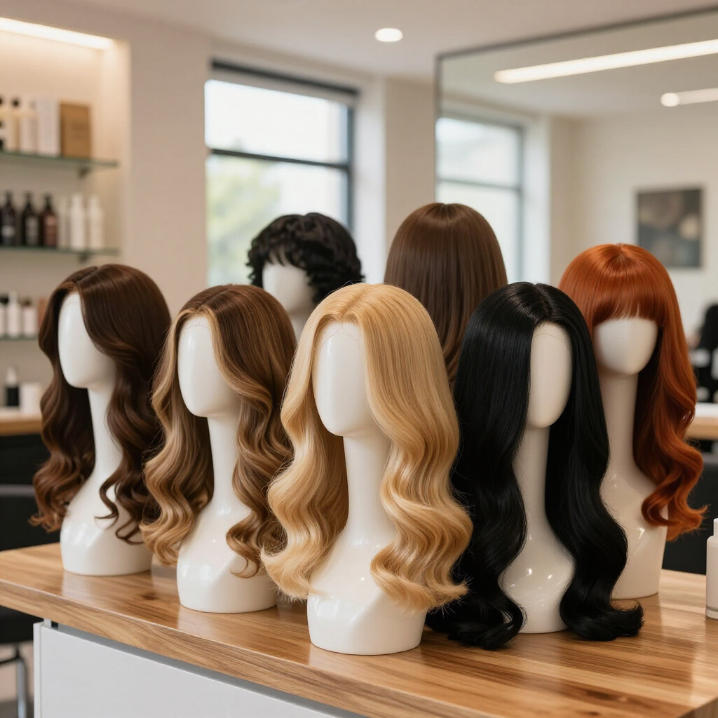 Wig display on mannequin heads with varied colors and curls in a bright salon showroom