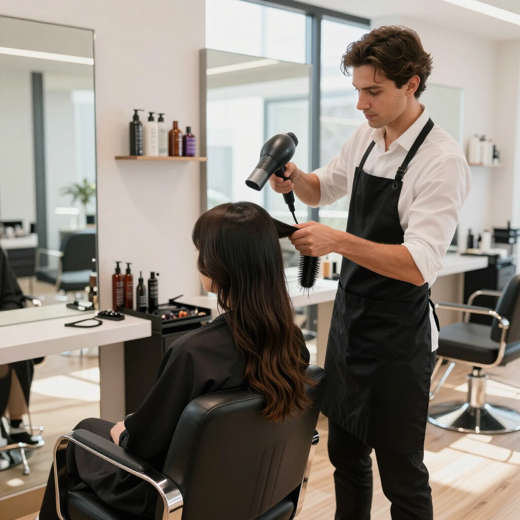 Hairdresser blow-drying a seated client’s dark hair in a modern salon.