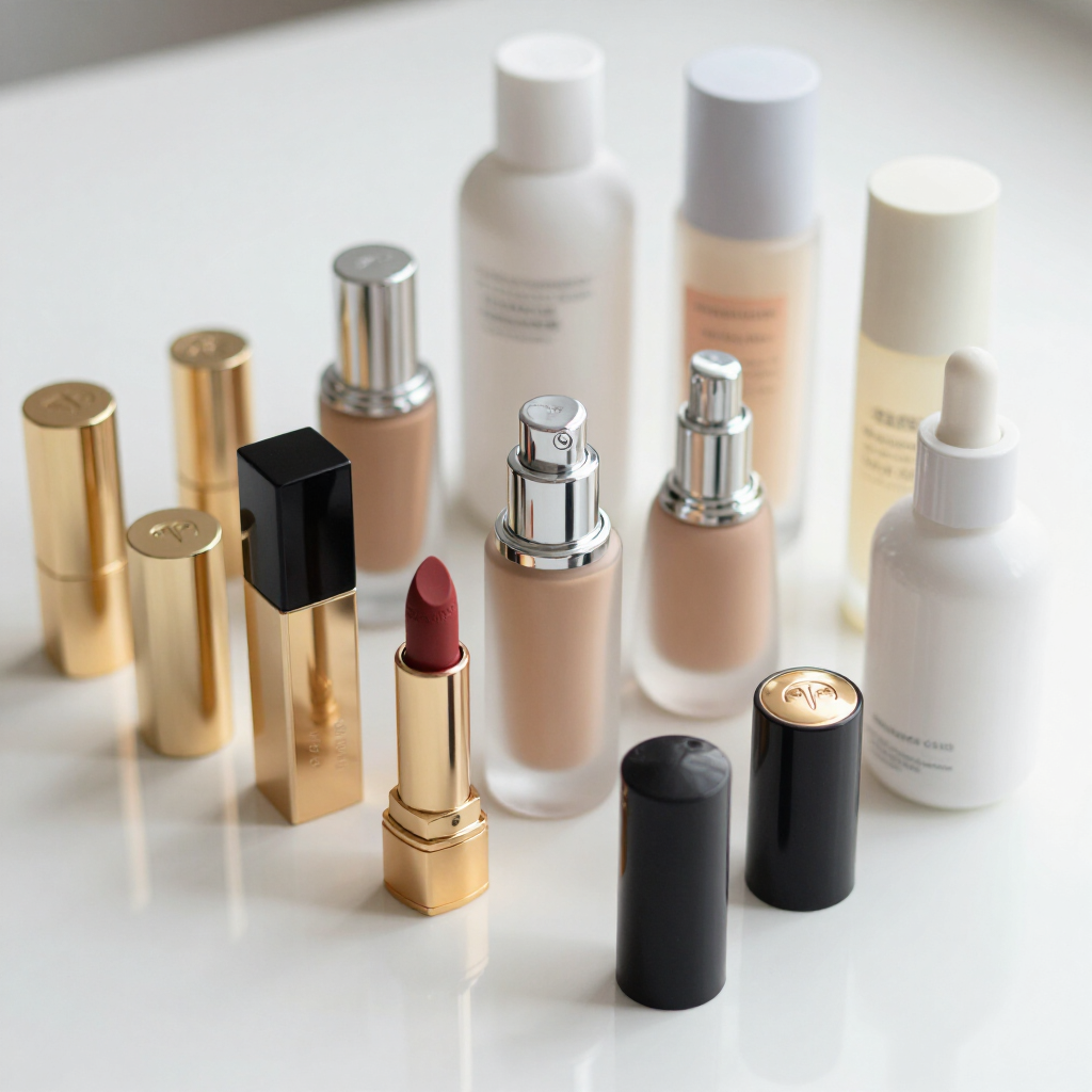 Assorted cosmetic bottles and lipsticks arranged on a white surface