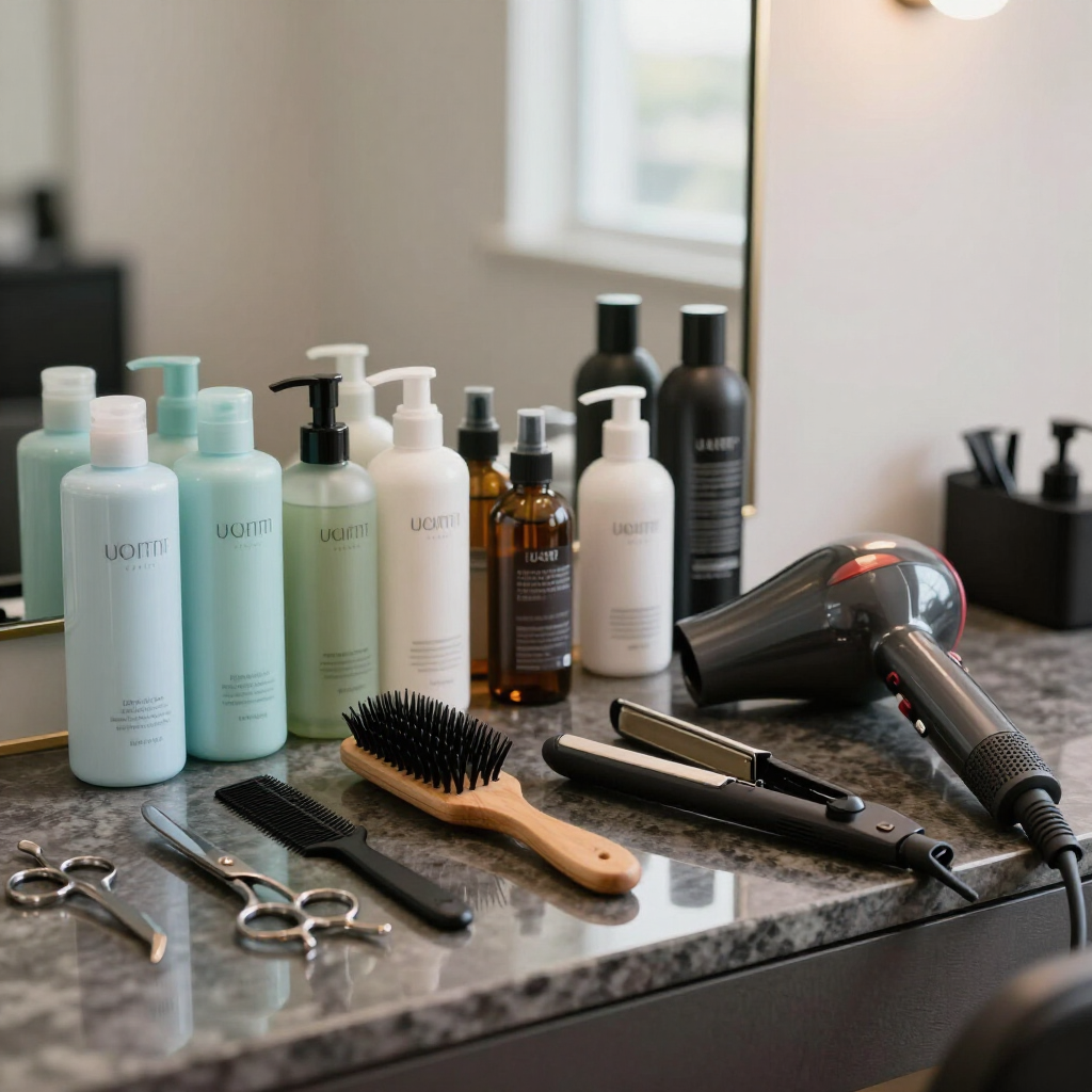 Hair salon workstation with hair products, brushes, scissors, and a blow dryer on a countertop