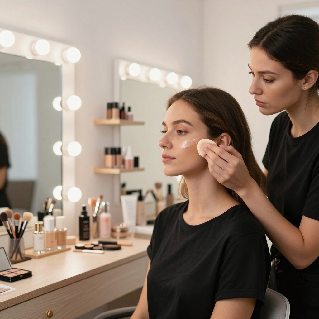 Makeup artist applying foundation to a seated woman at a vanity mirror with lights