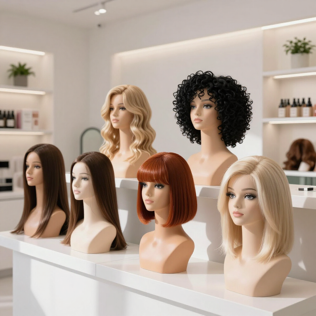 Mannequin heads with varied hairstyles displayed on white shelves in a bright salon showroom