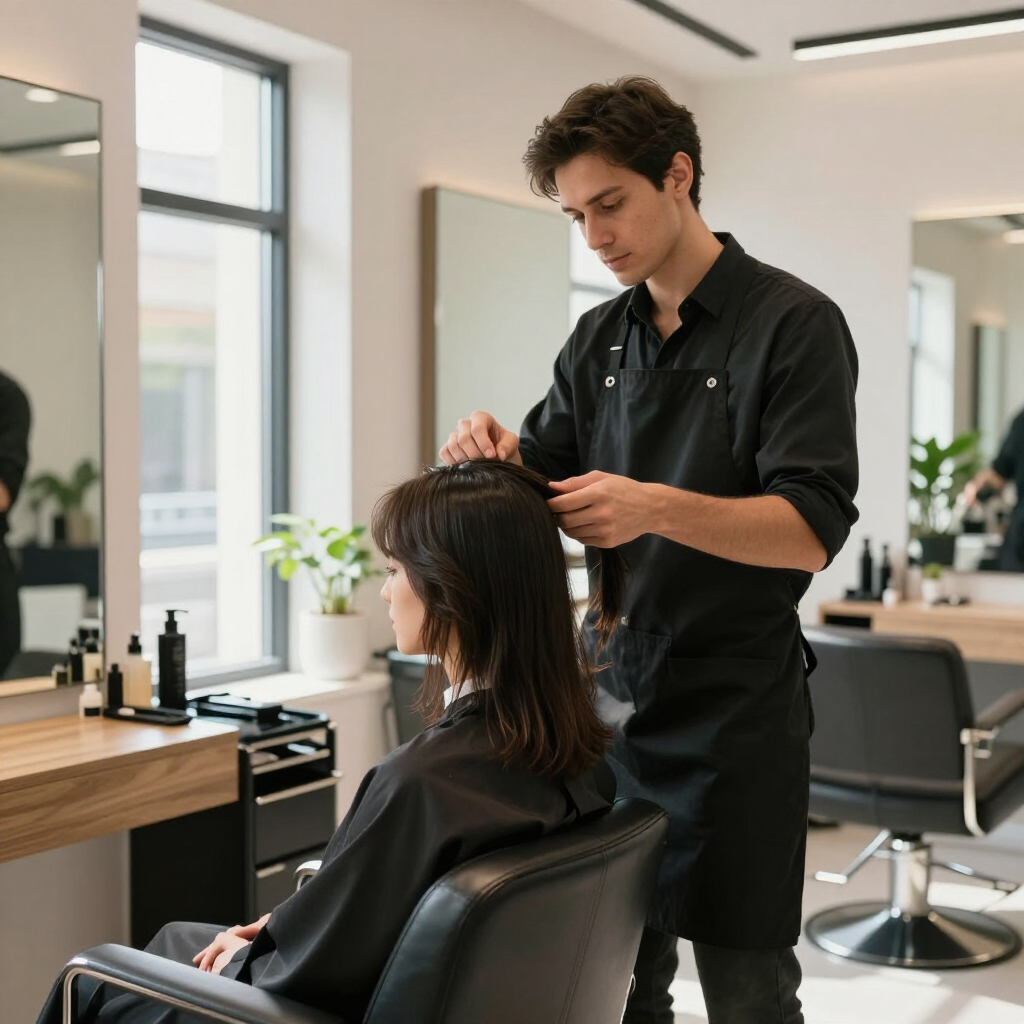 Stylist cutting a client’s hair in a modern salon with mirrors and large windows.