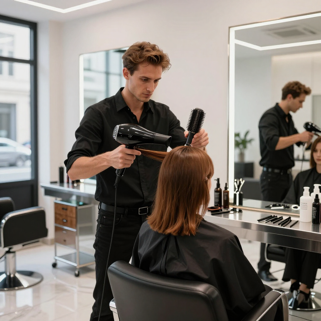 Stylist blow-drying a client’s hair in a modern salon with mirrors and styling tools.
