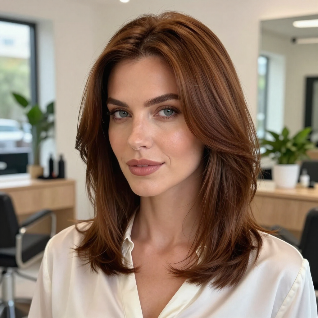 Portrait of a woman in a white blouse in a bright office, with shoulder-length brown hair and a slight smile