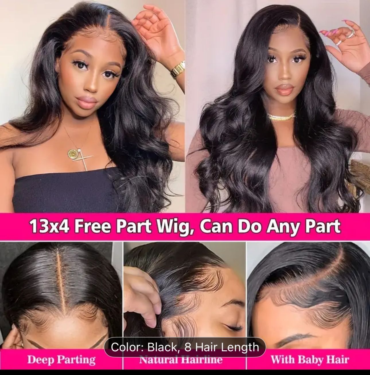Collage of long black wavy hairstyles on a woman in black and red outfits