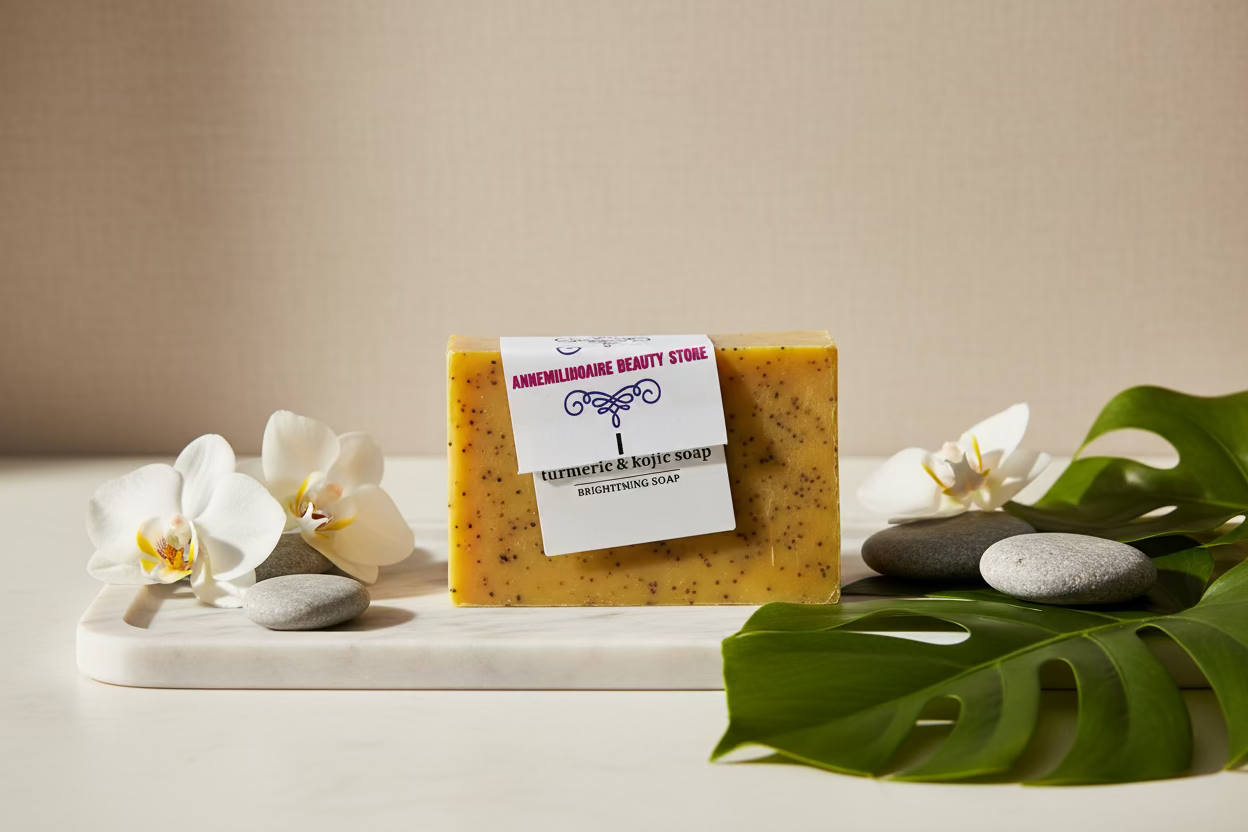 Spa soap bar with white orchids, stones, and green leaves on a tray against a beige background