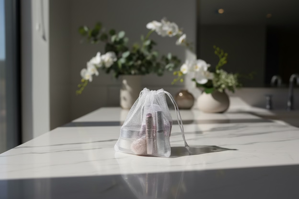 A small mesh-covered gift on a sunlit table with flowers in the background.