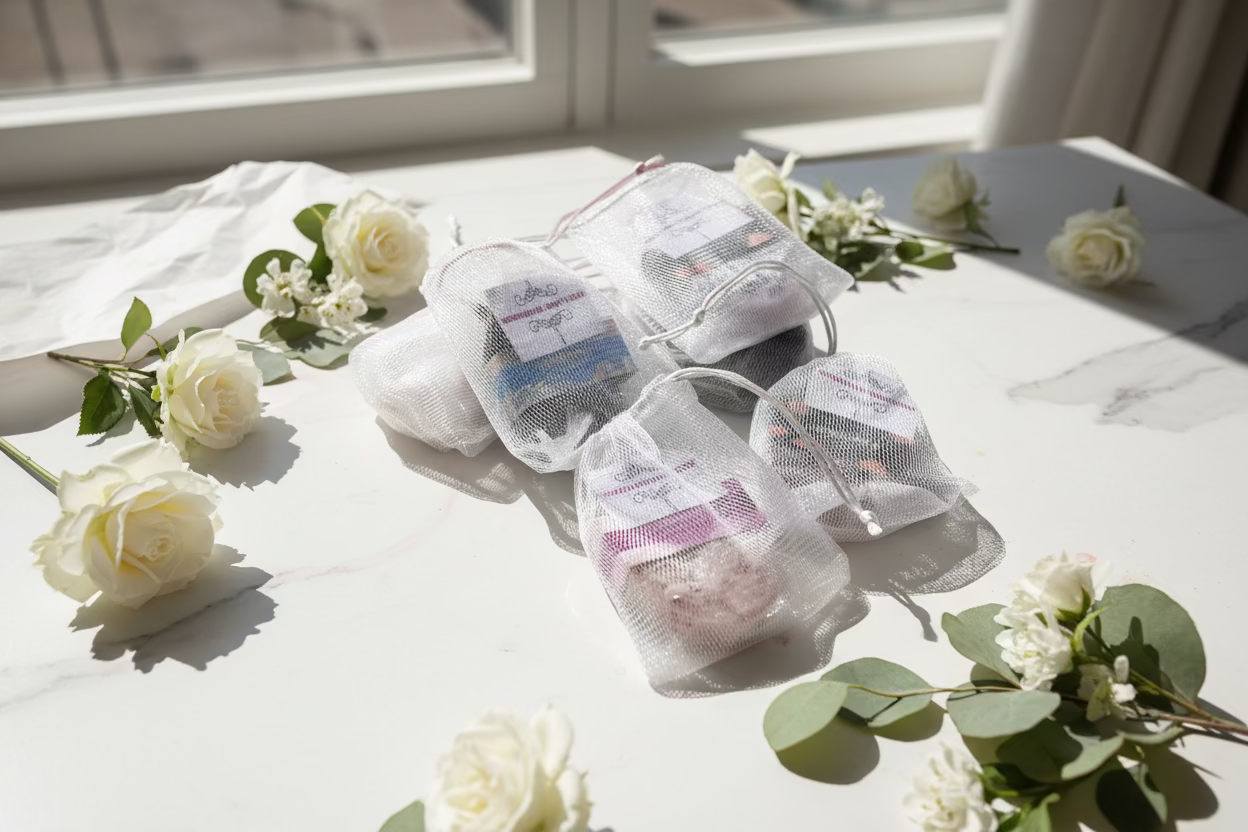 A small mesh-covered gift on a sunlit table with flowers in the background.