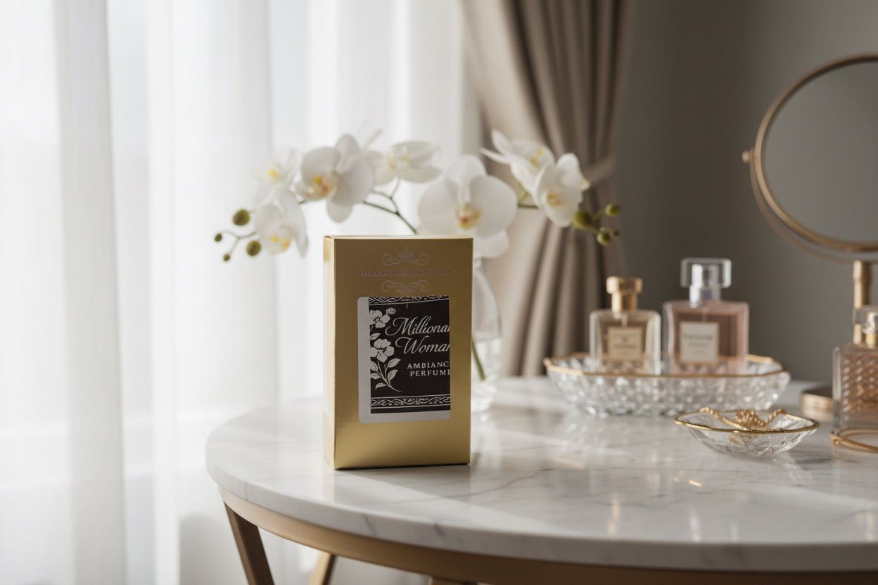 Round vanity table with white flowers, a gold-framed mirror, and a small decorative sign in a softly lit room
