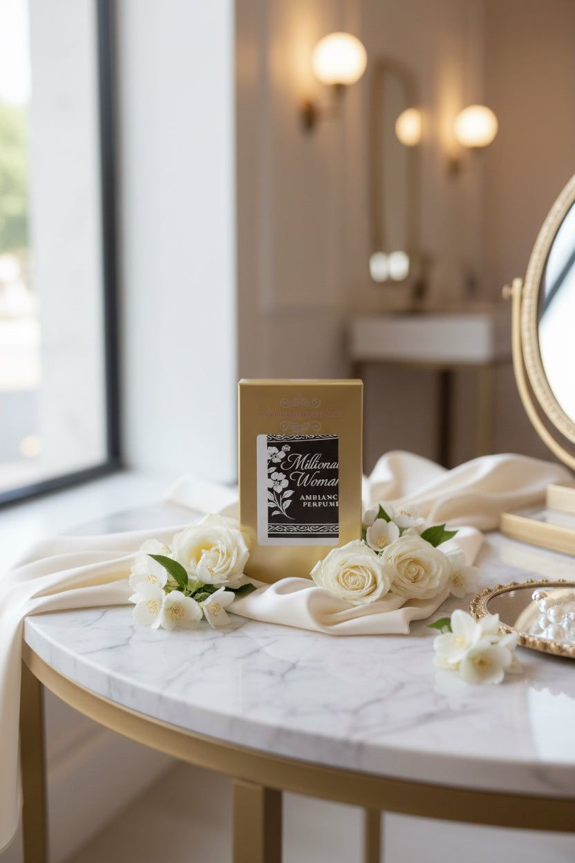 Round vanity table with white flowers, a gold-framed mirror, and a small decorative sign in a softly lit room