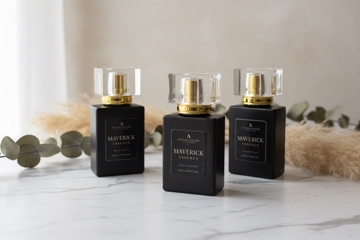 Three black perfume bottles with gold caps on a white marble surface, styled with eucalyptus leaves.