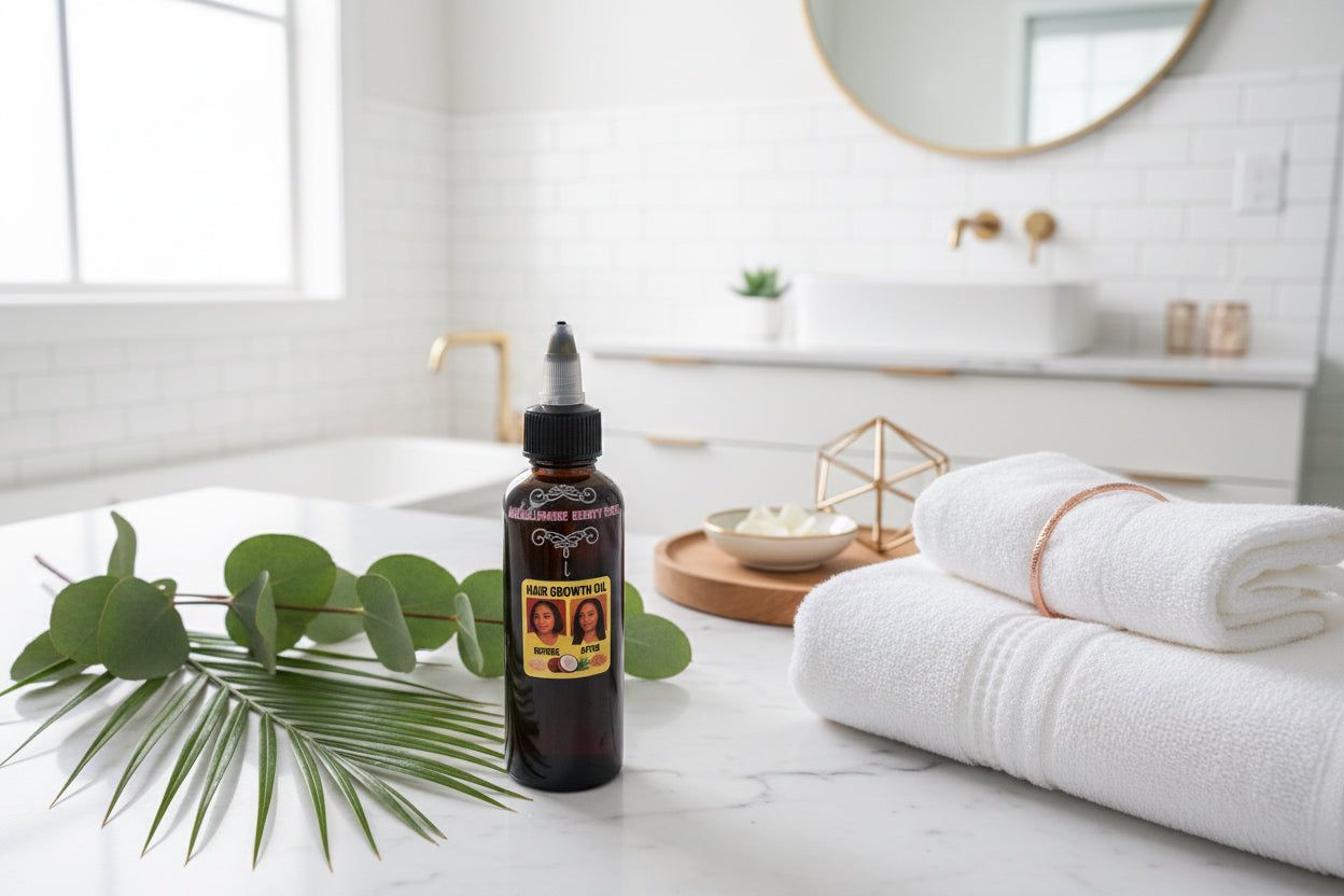 Spa bathroom with essential oil bottle, white towels, and green leaves on a marble counter