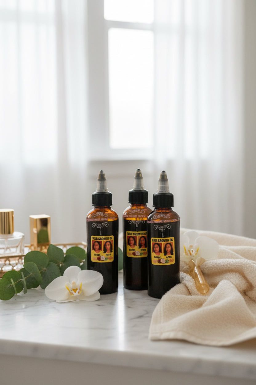 Spa bathroom with essential oil bottle, white towels, and green leaves on a marble counter