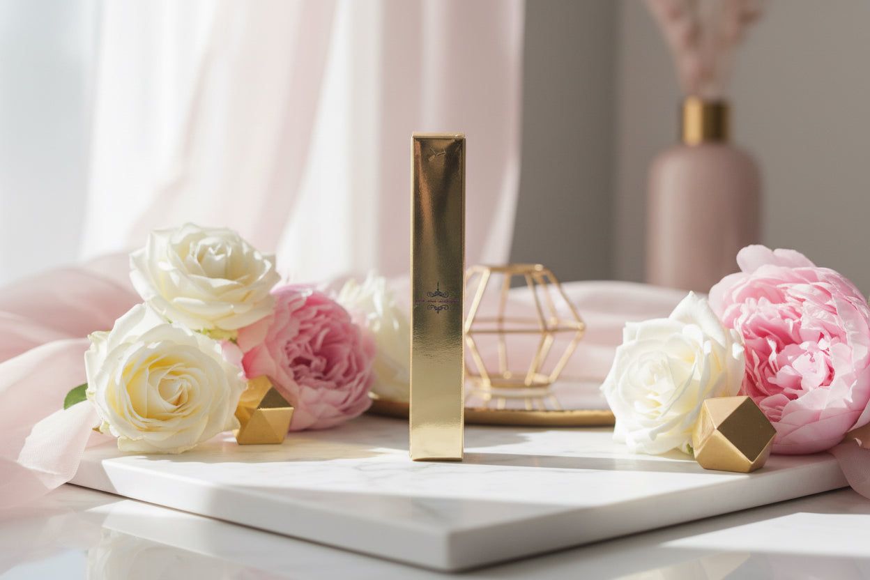 Perfume bottle with white and pink flowers on a white tray in a soft-lit vanity setting