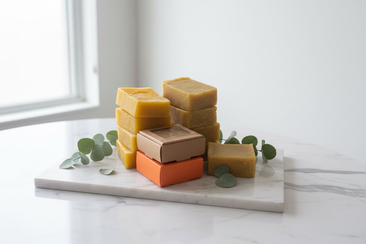 Stacked colorful soap bars on a white tray with eucalyptus leaves beside a window