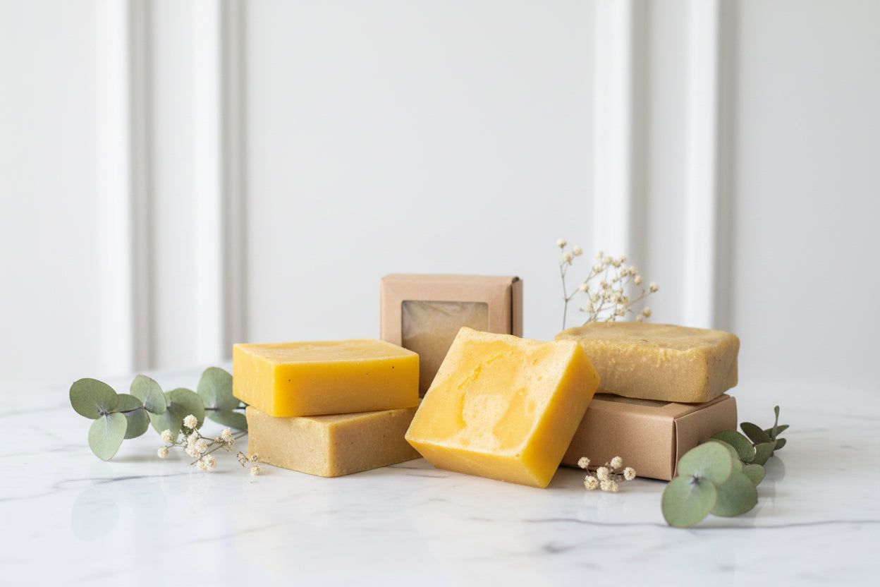 Stacked colorful soap bars on a white tray with eucalyptus leaves beside a window