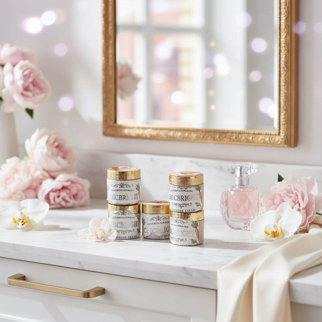 Perfume bottles and pink flowers on a white dresser beneath a gold-framed mirror