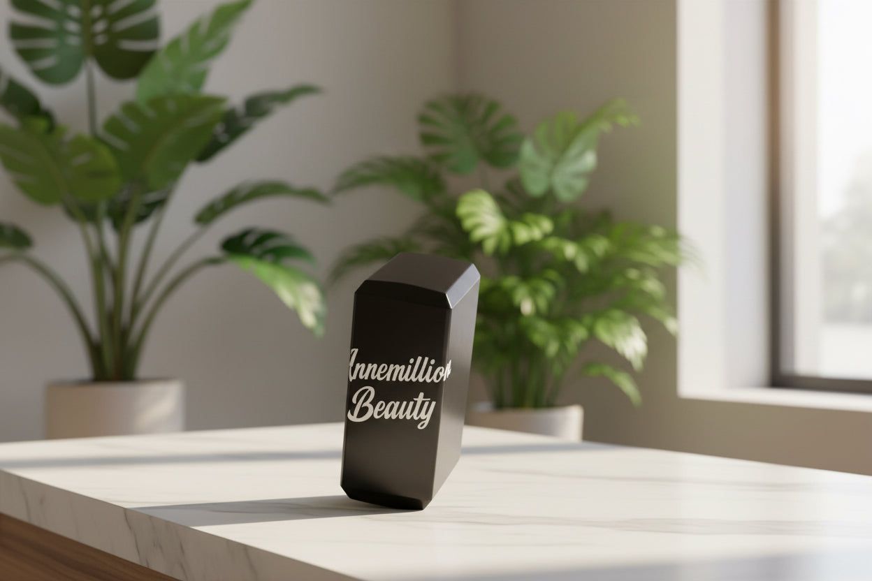 Black “Immortal Beauty” product box on a white table with potted plants in the background