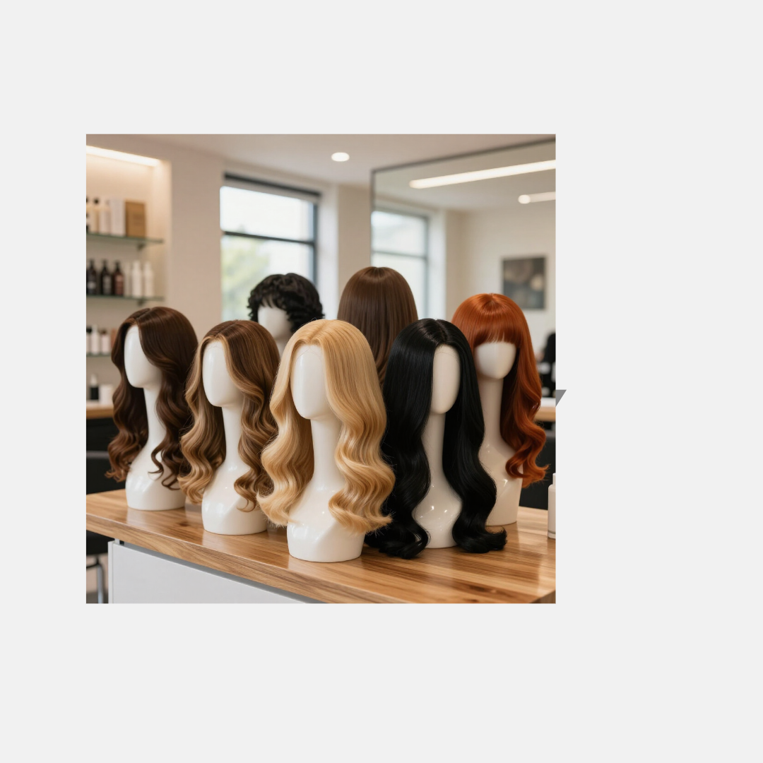Wigs in various colors and styles displayed on mannequin heads in a salon showroom