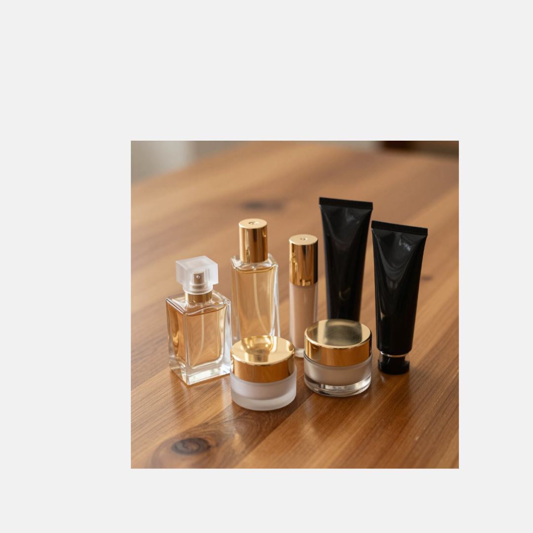 Assorted skincare and fragrance bottles and tubes arranged on a wooden table