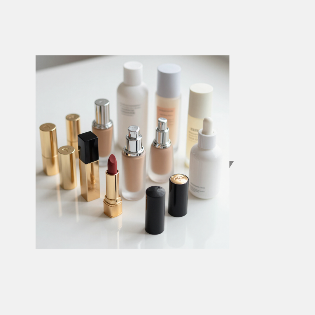Assorted cosmetic bottles and lipstick tubes arranged on a white surface