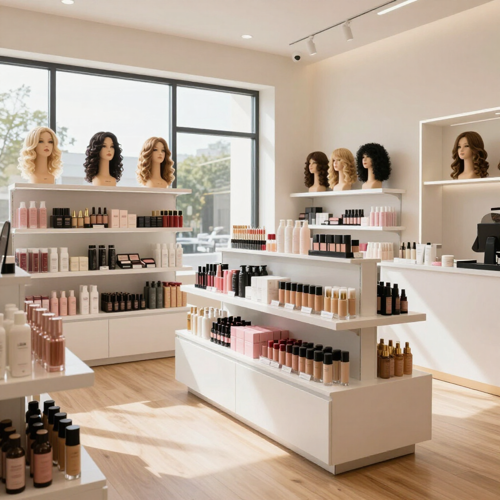 Bright cosmetics store with white shelves, makeup bottles, and mannequin heads by large windows.