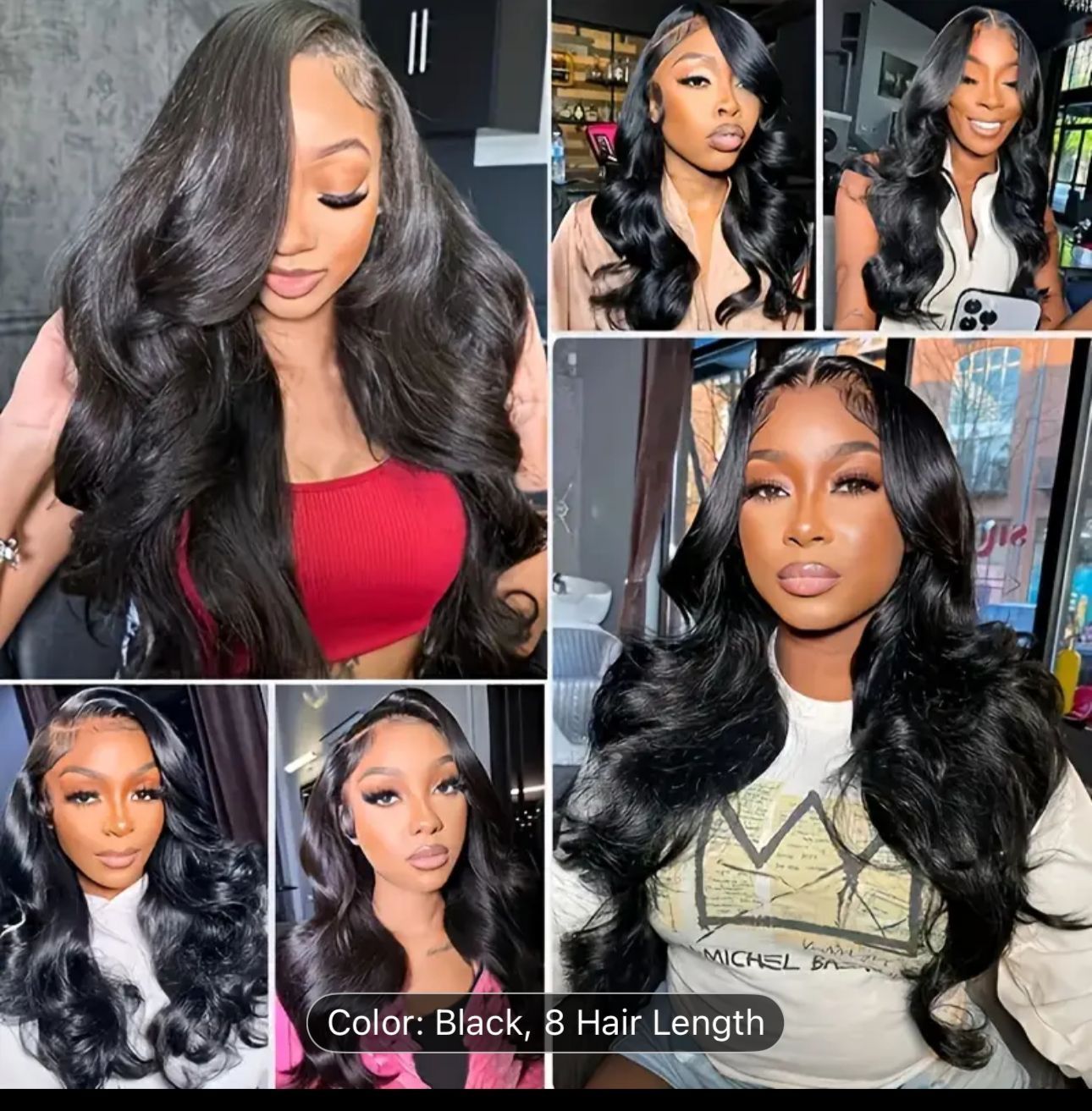 Collage of long black wavy hairstyles on a woman in black and red outfits