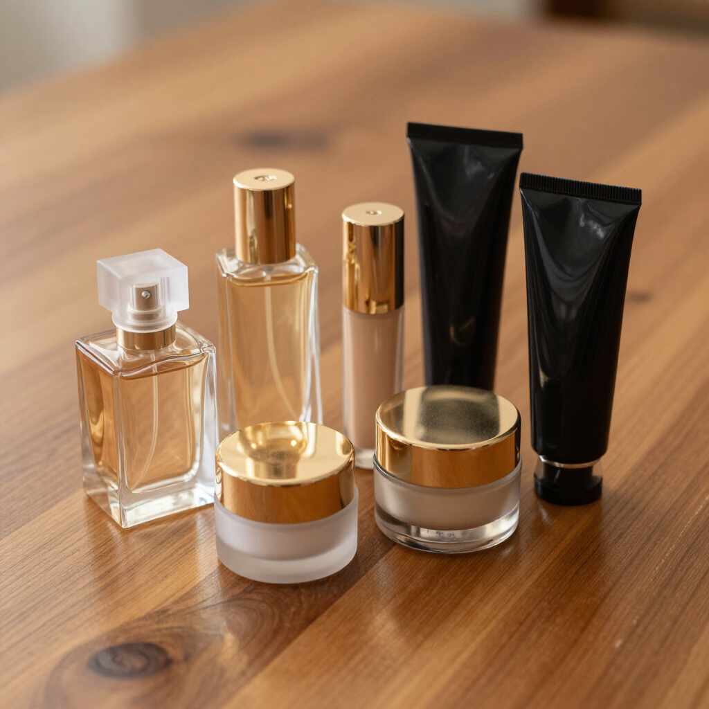 Assorted cosmetic bottles and jars on a wooden tabletop, including clear and black containers with gold accents