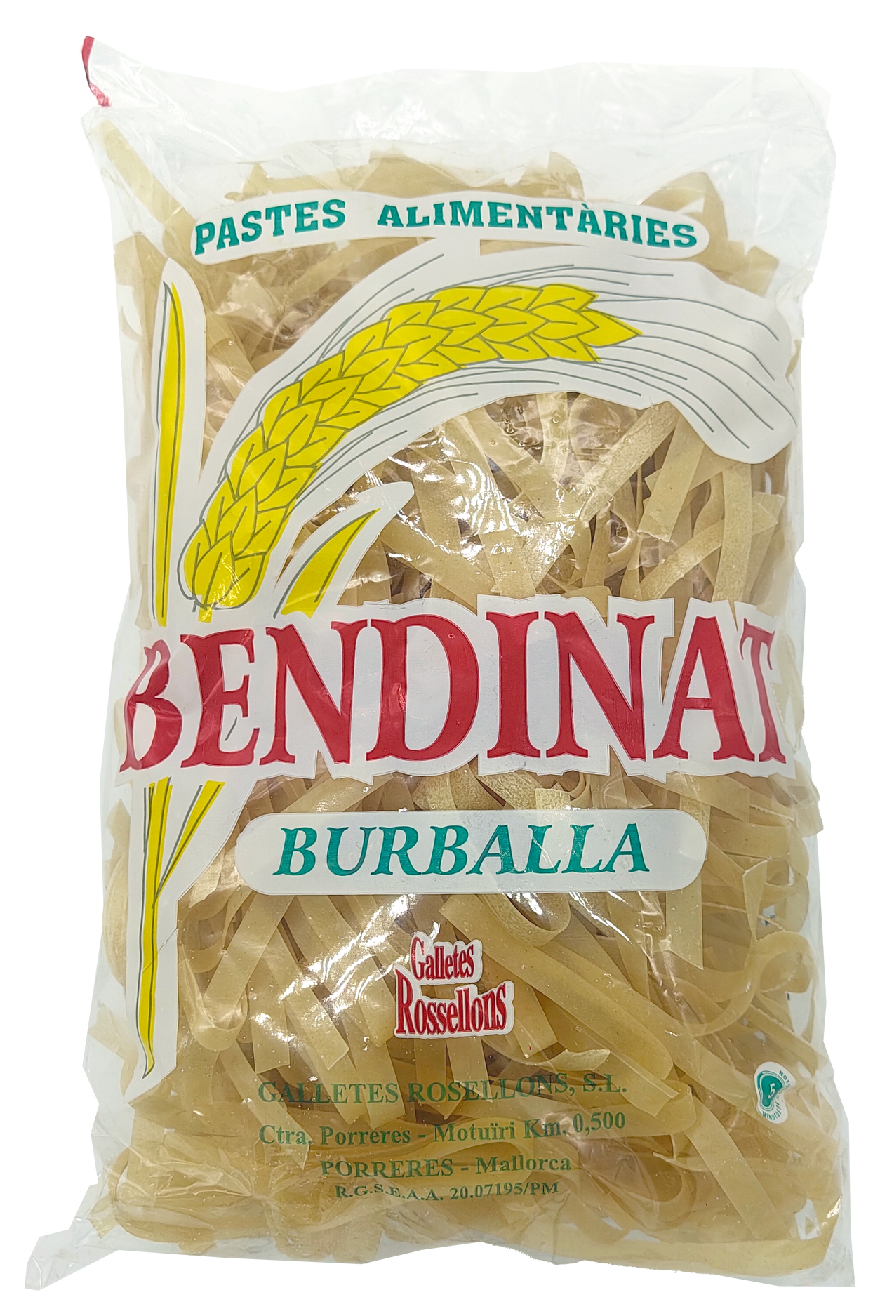 Una bossa de pasta bendinat burballa sobre fons blanc