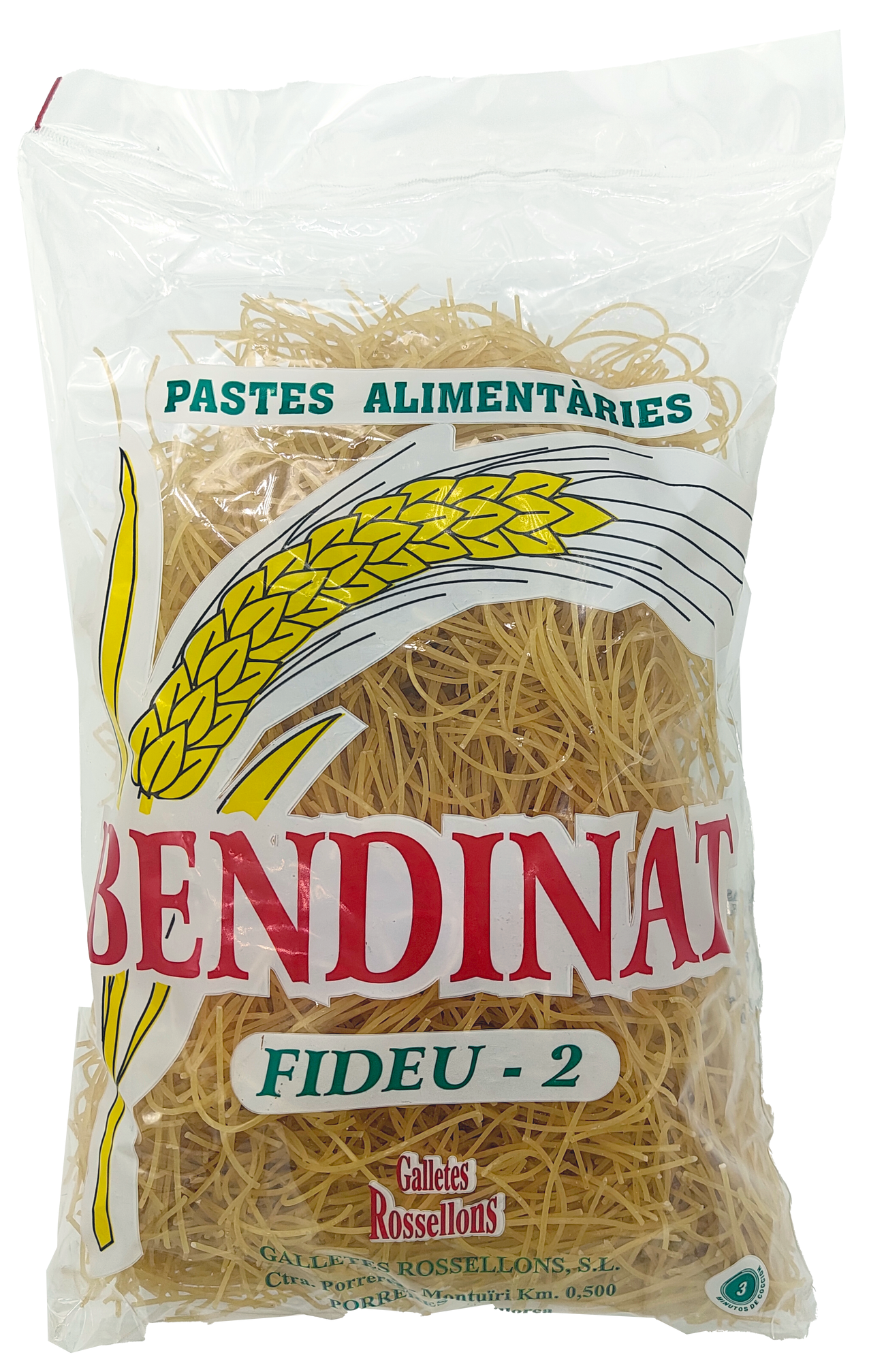 Una bossa de bendinat fideu 2 fideus sobre fons blanc.