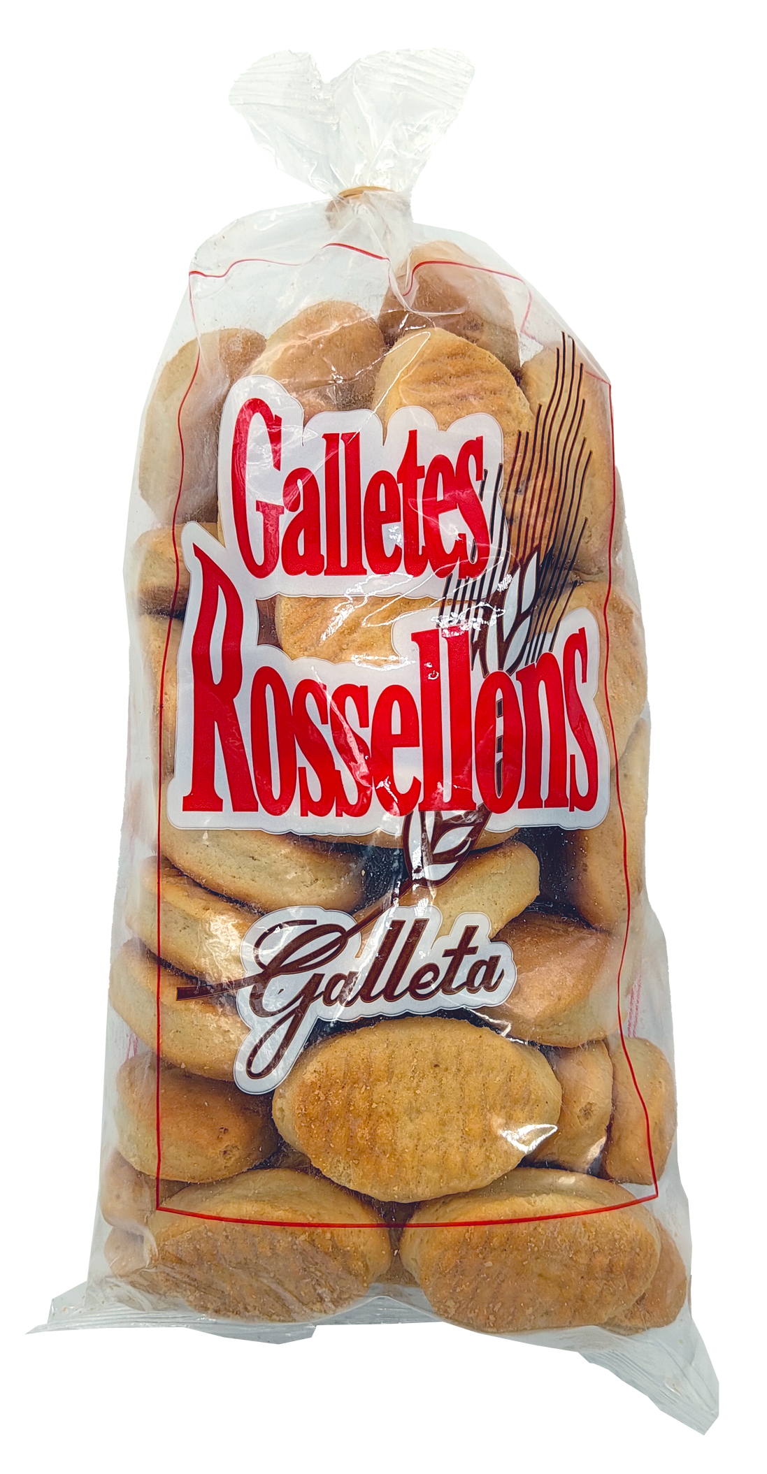 Una bossa de galletes rossellans sobre fons blanc.