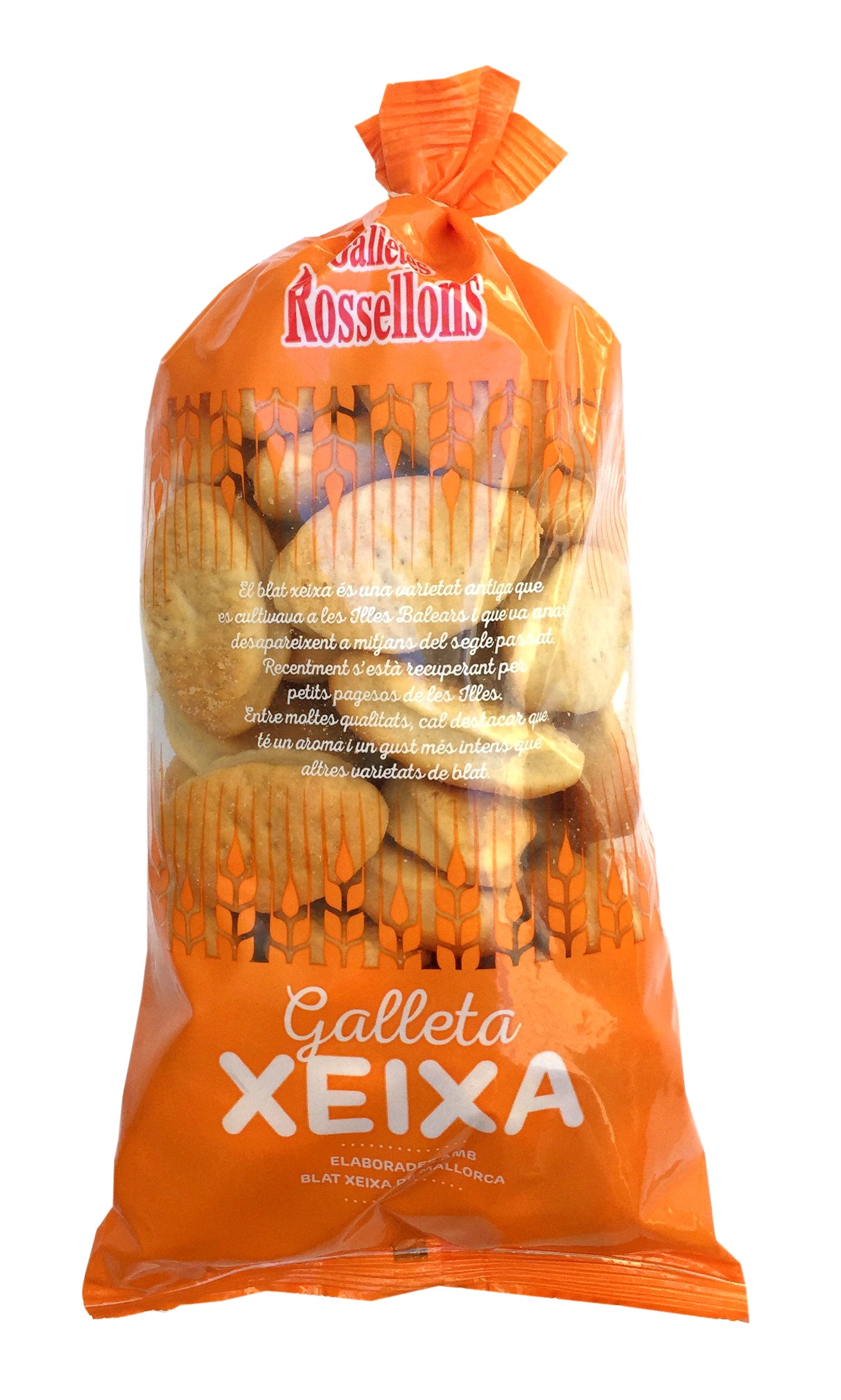 Una bossa de galleta xeixa sobre fons blanc