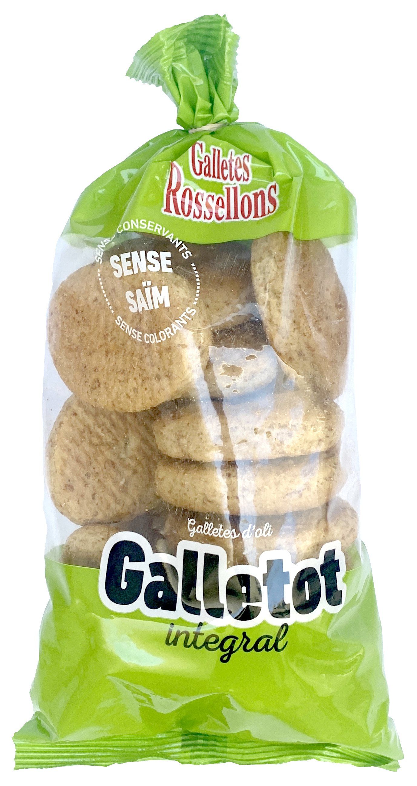 Una bossa de galetes integrals galletot sobre fons blanc.