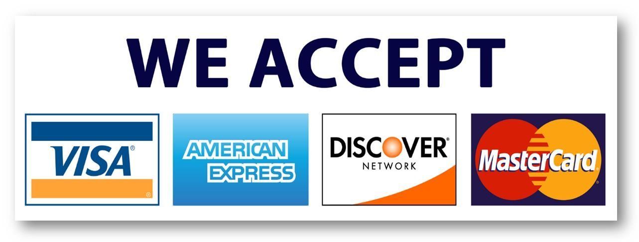 Accepted credit cards: Visa, American Express, Discover, and MasterCard logos.